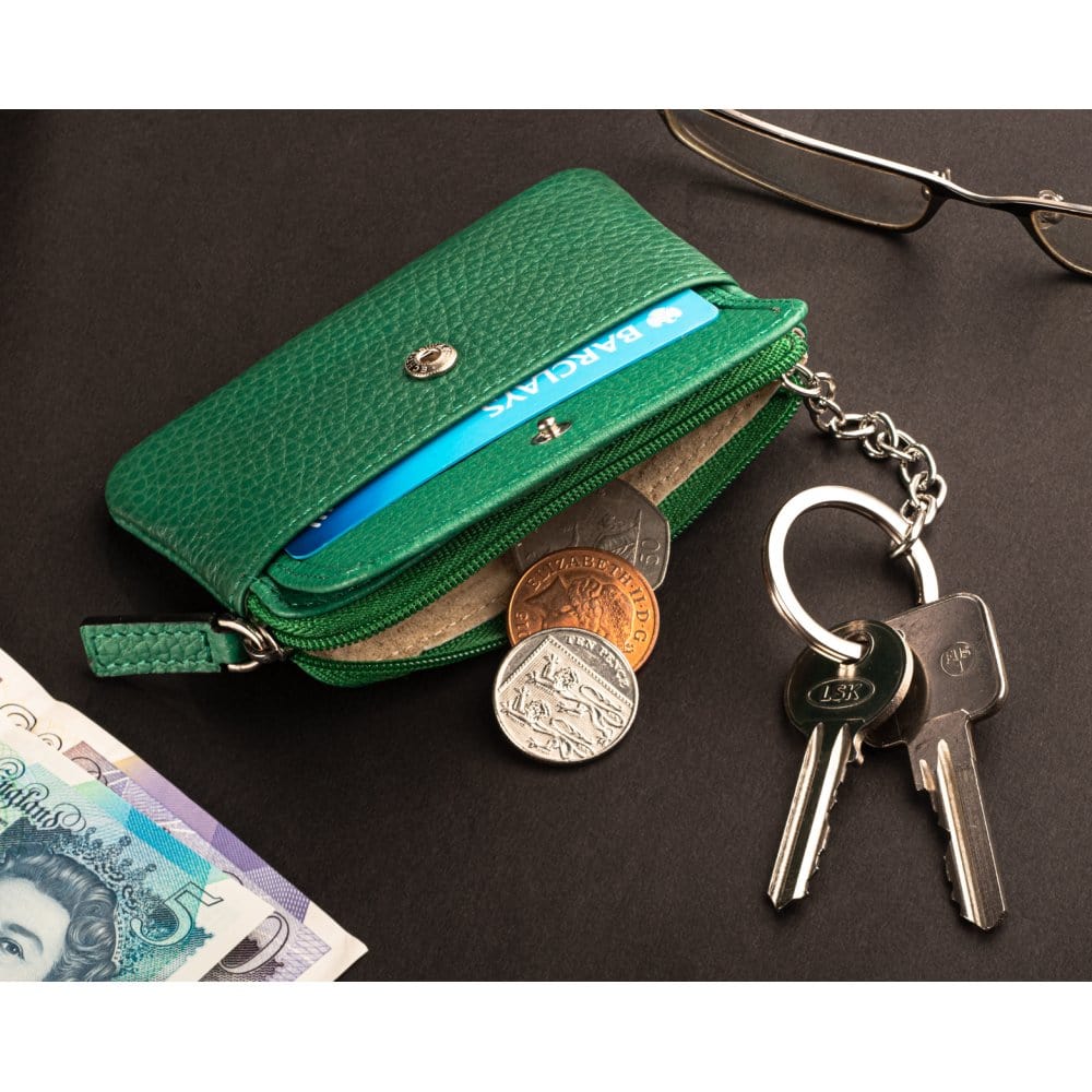 Small leather zip coin purse, emerald green, lifestyle