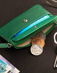 Small leather zip coin purse, emerald green, lifestyle