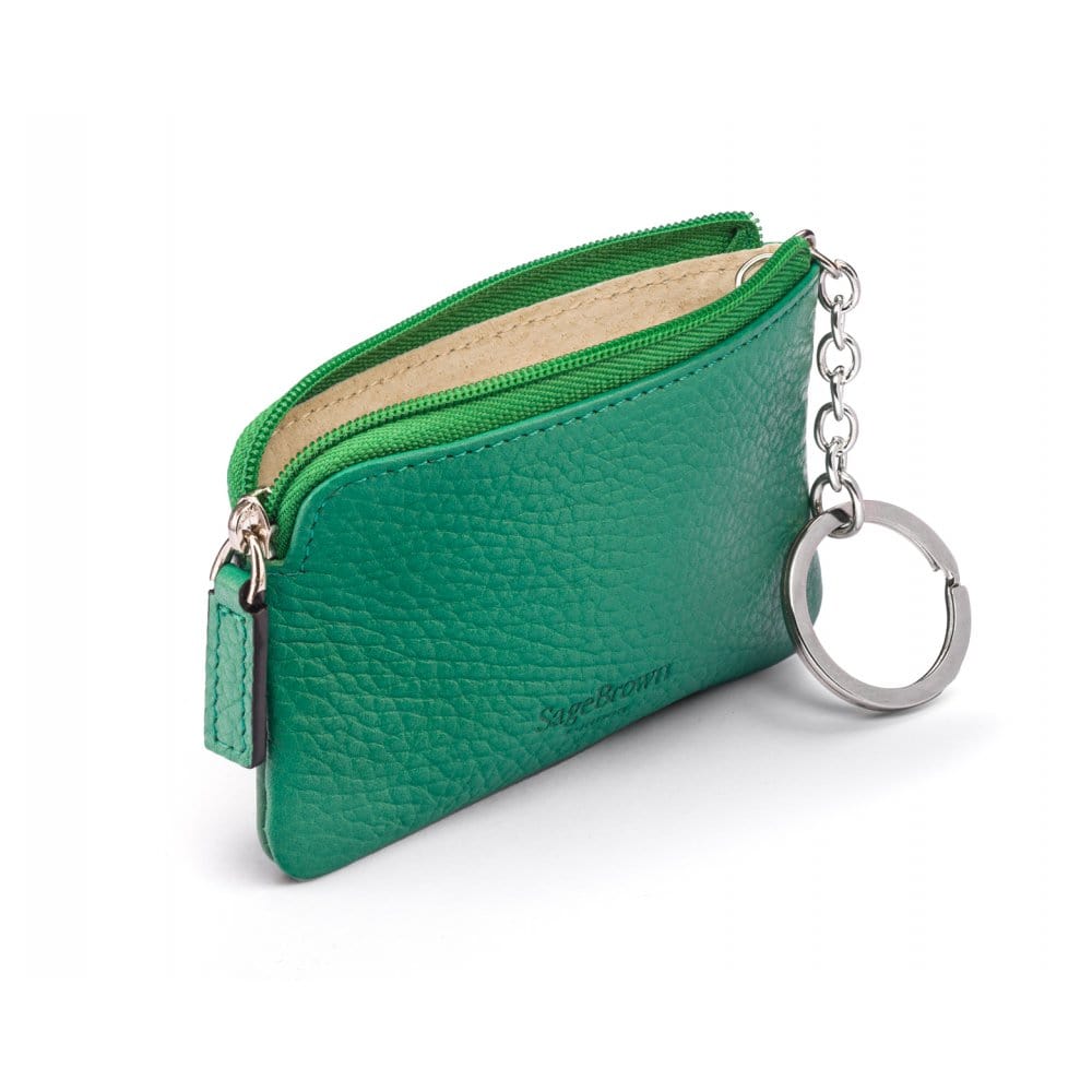 Small leather zip coin purse, emerald green, back