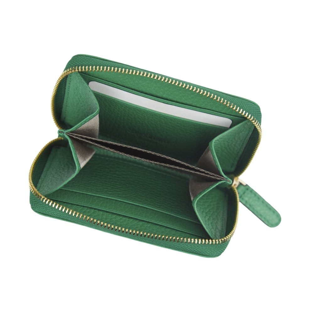 Small leather zip around coin purse, emerald green, open