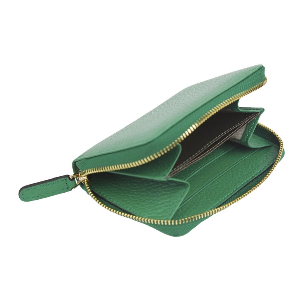 Small leather zip around coin purse, emerald green, interior