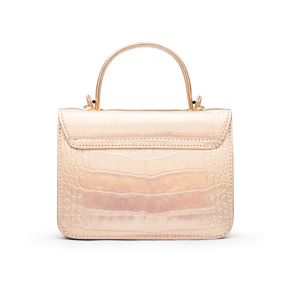 Small leather top handle bag, gold croc, back