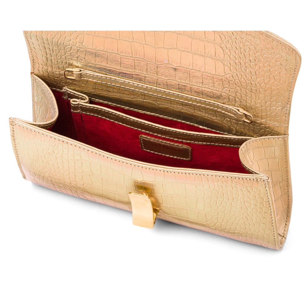 Leather clutch bag, gold croc, inside view