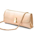 Leather clutch bag, gold croc, long chain strap