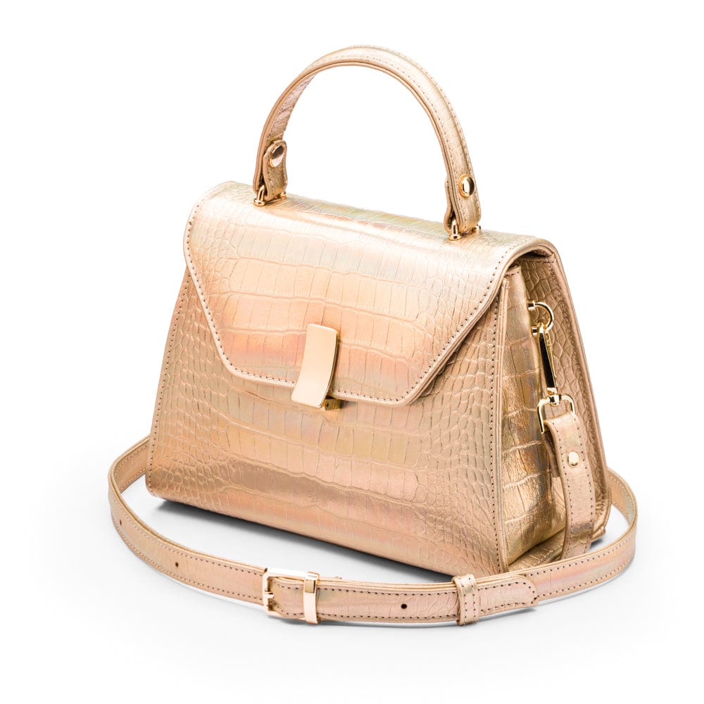 Sabrina top handle bag, gold croc leather, side view