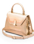 Sabrina top handle bag, gold croc leather, side view