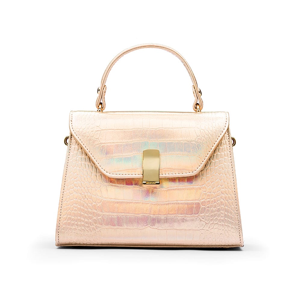 Sabrina top handle bag, gold croc leather, front view