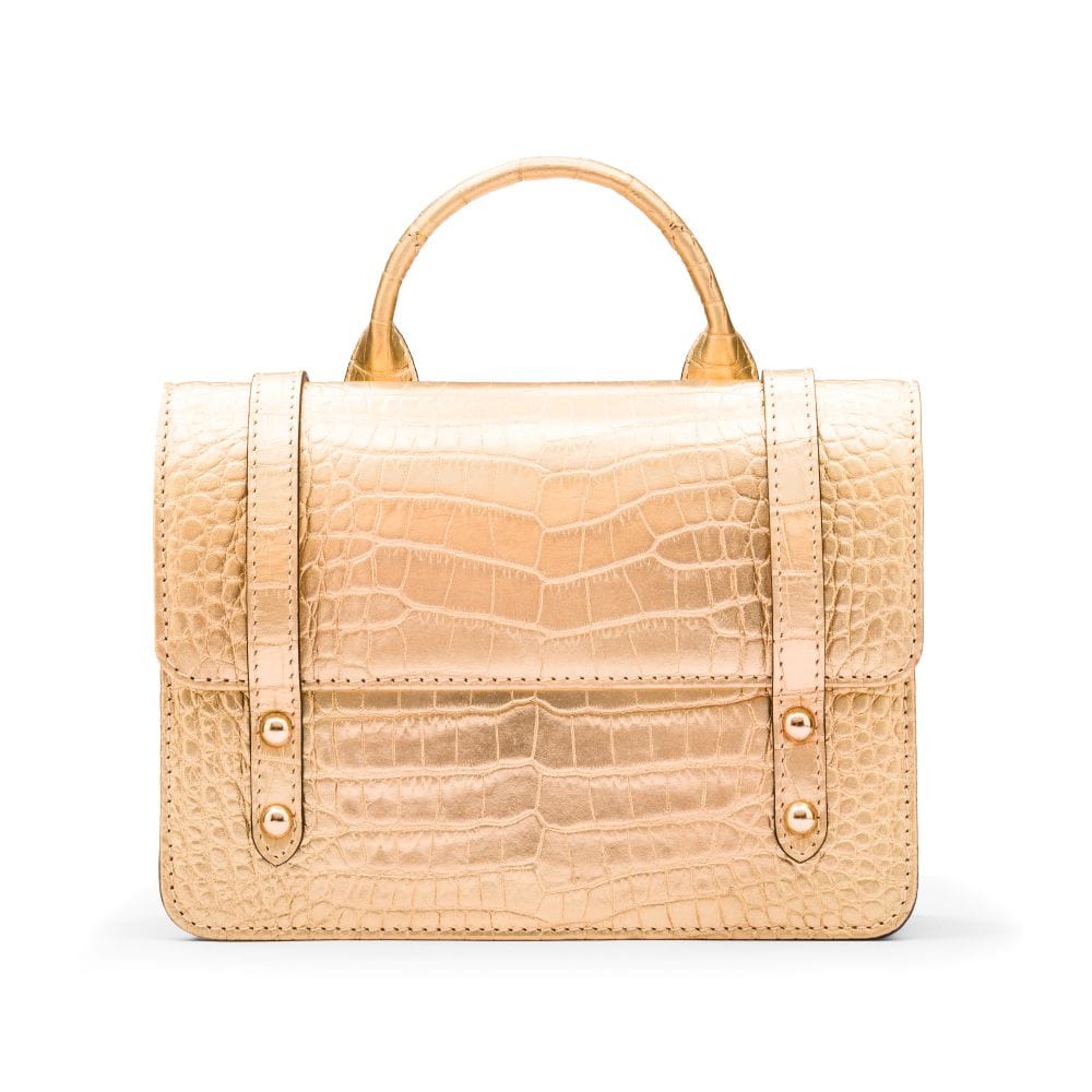 Mini top handle Harmony music bag, gold croc, front view