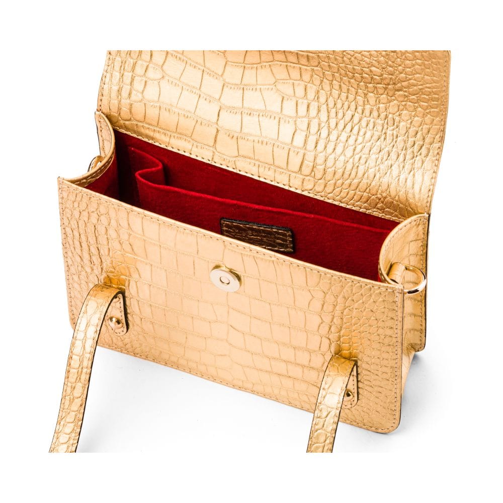 Mini top handle Harmony music bag, gold croc, inside view