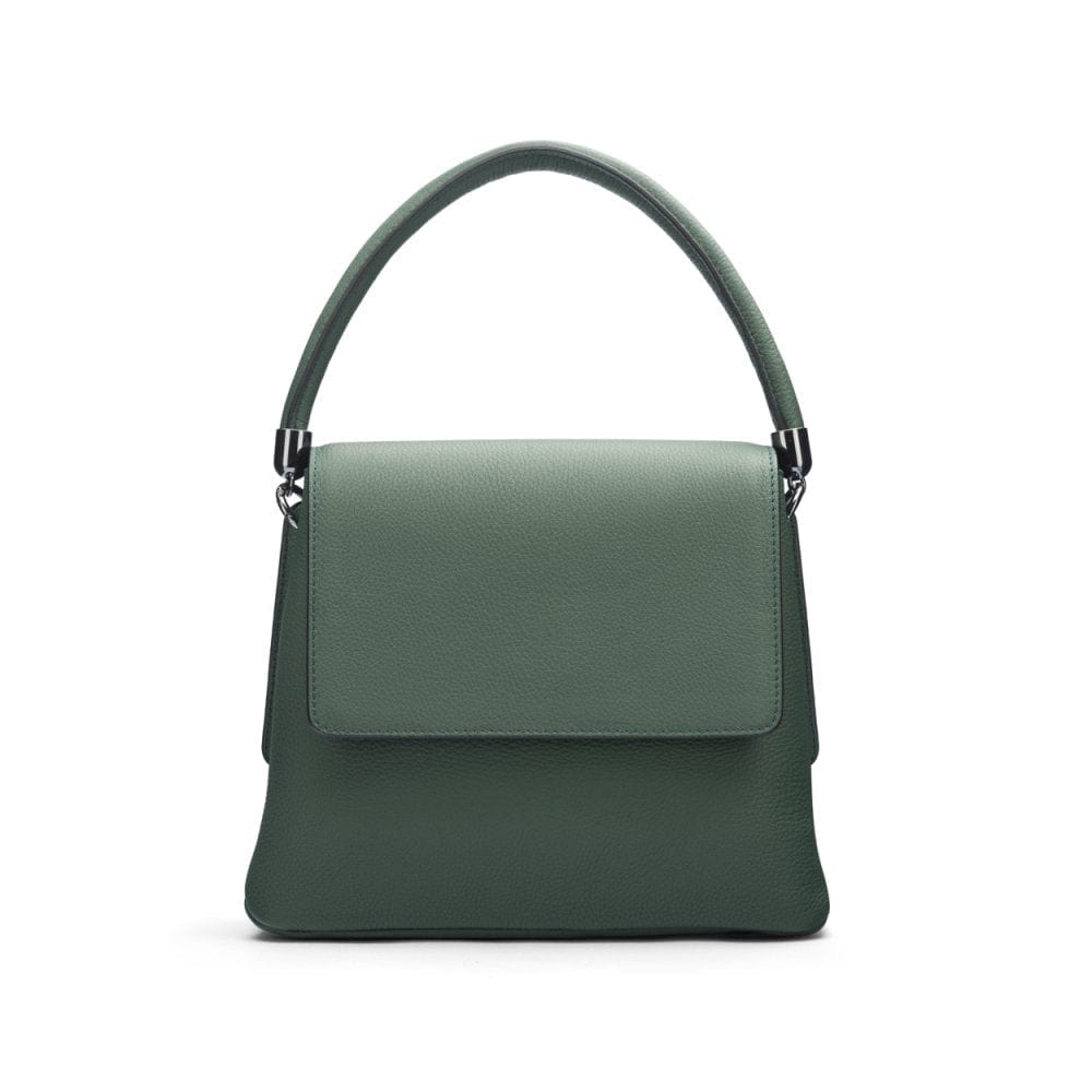 Leather handbag with flap over lid, green, front view