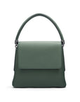 Leather handbag with flap over lid, green, front view