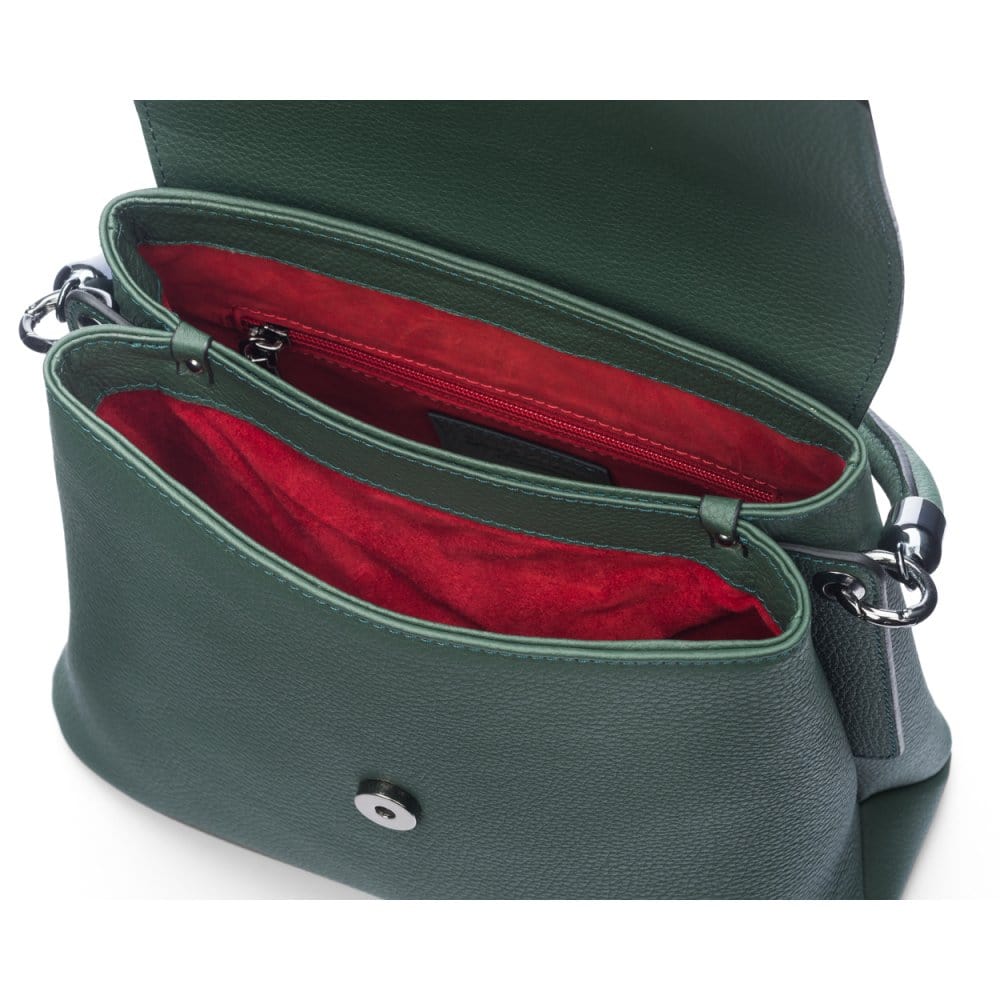 Leather handbag with flap over lid, green, inside view