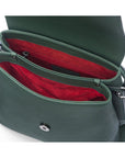 Leather handbag with flap over lid, green, inside view