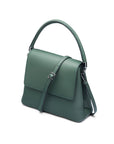 Leather handbag with flap over lid, green, side view