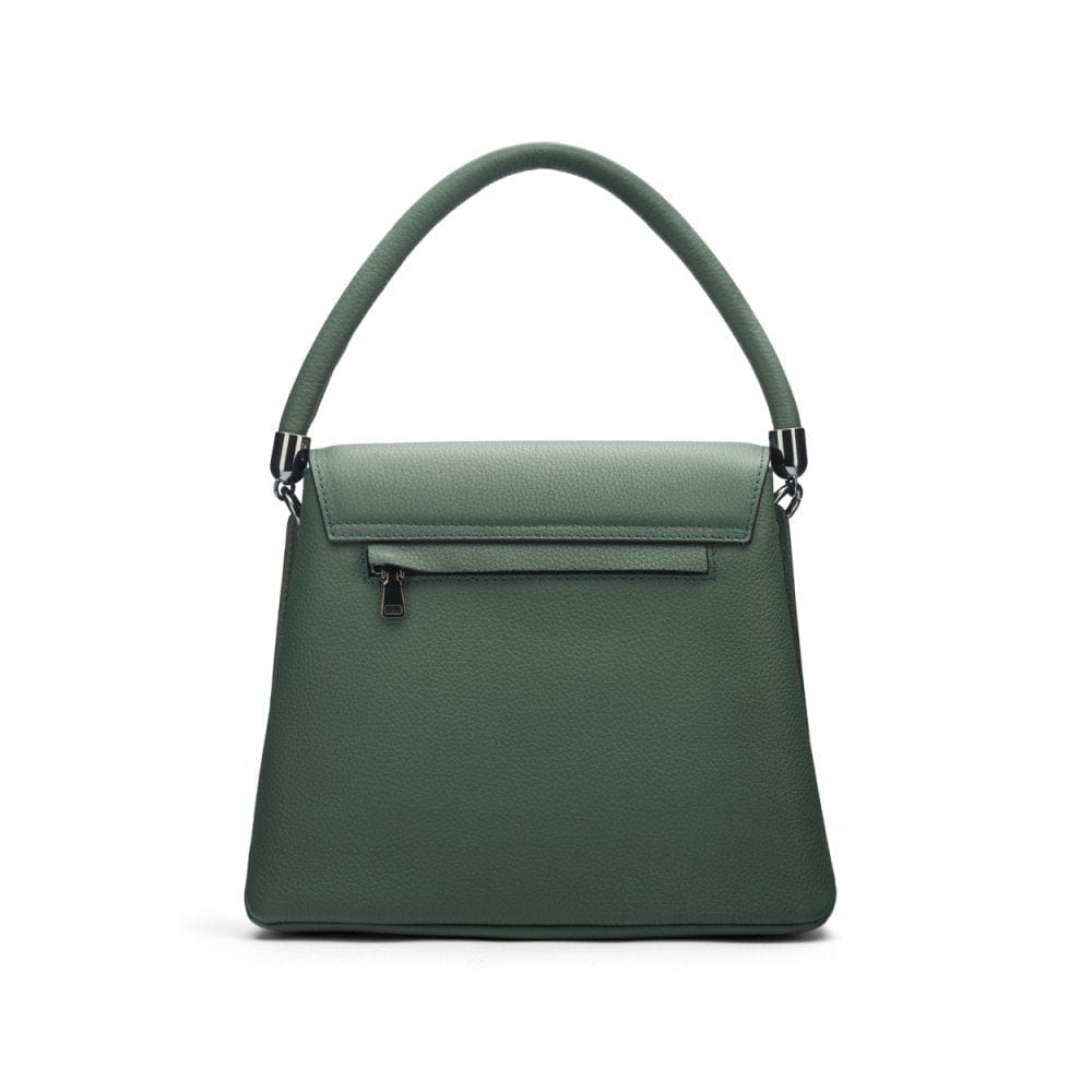Leather handbag with flap over lid, green, back view