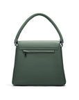 Leather handbag with flap over lid, green, back view