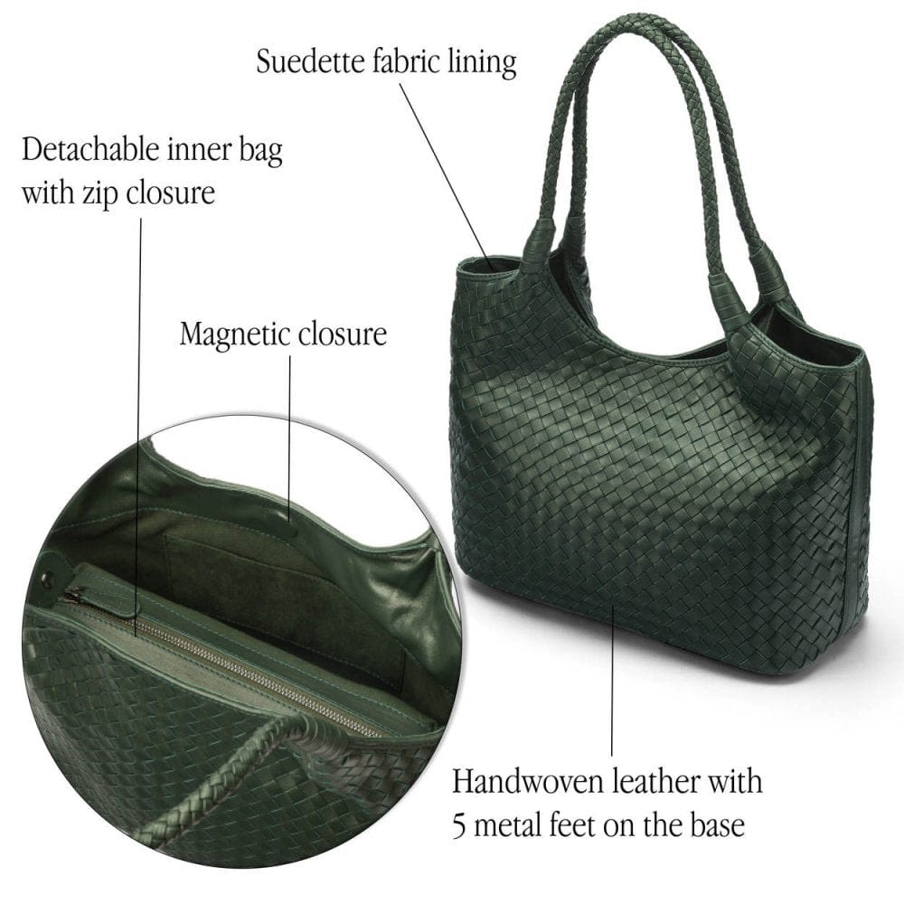 Woven leather shoulder bag, green, features