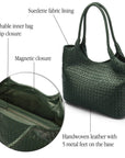 Woven leather shoulder bag, green, features