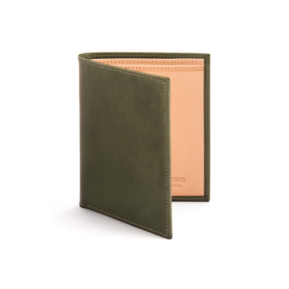 Bifold leather wallet with 6 credit cards, green, front