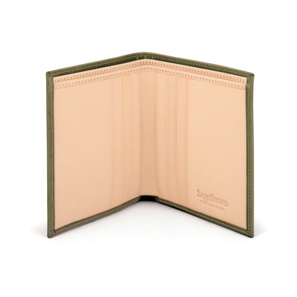 Bifold leather wallet with 6 credit cards, green, open