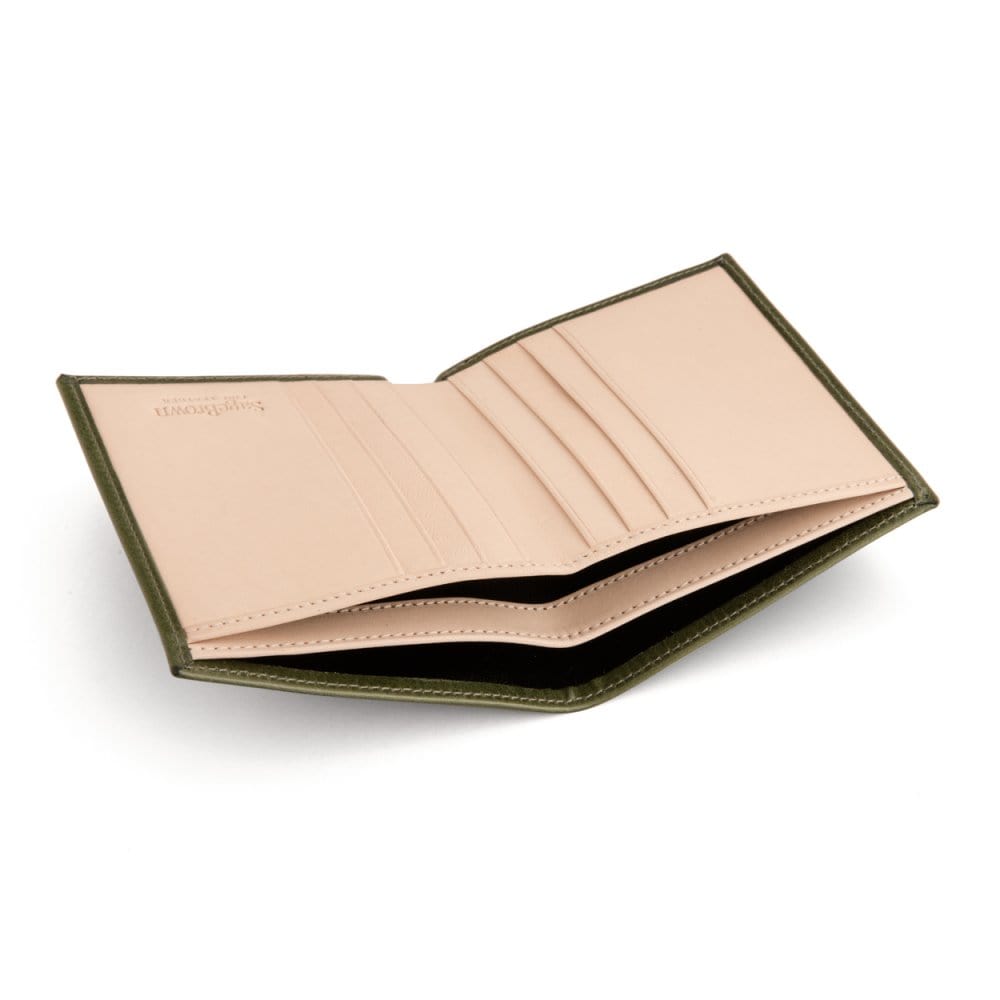 Bifold leather wallet with 6 credit cards, green, inside