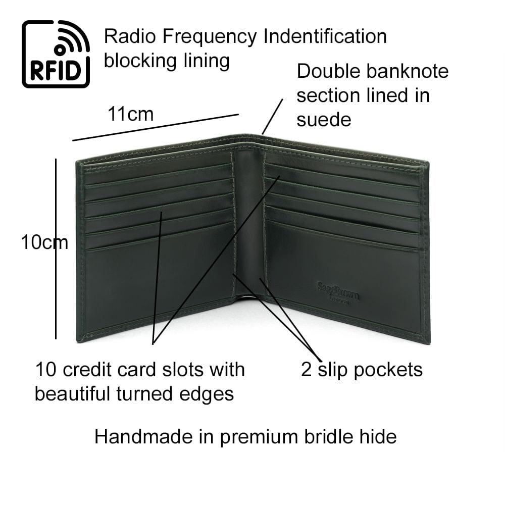 RFID wallet in green bridle leather, features