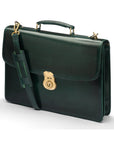 Burnished leather briefcase with brass lock, Harvard, green, side