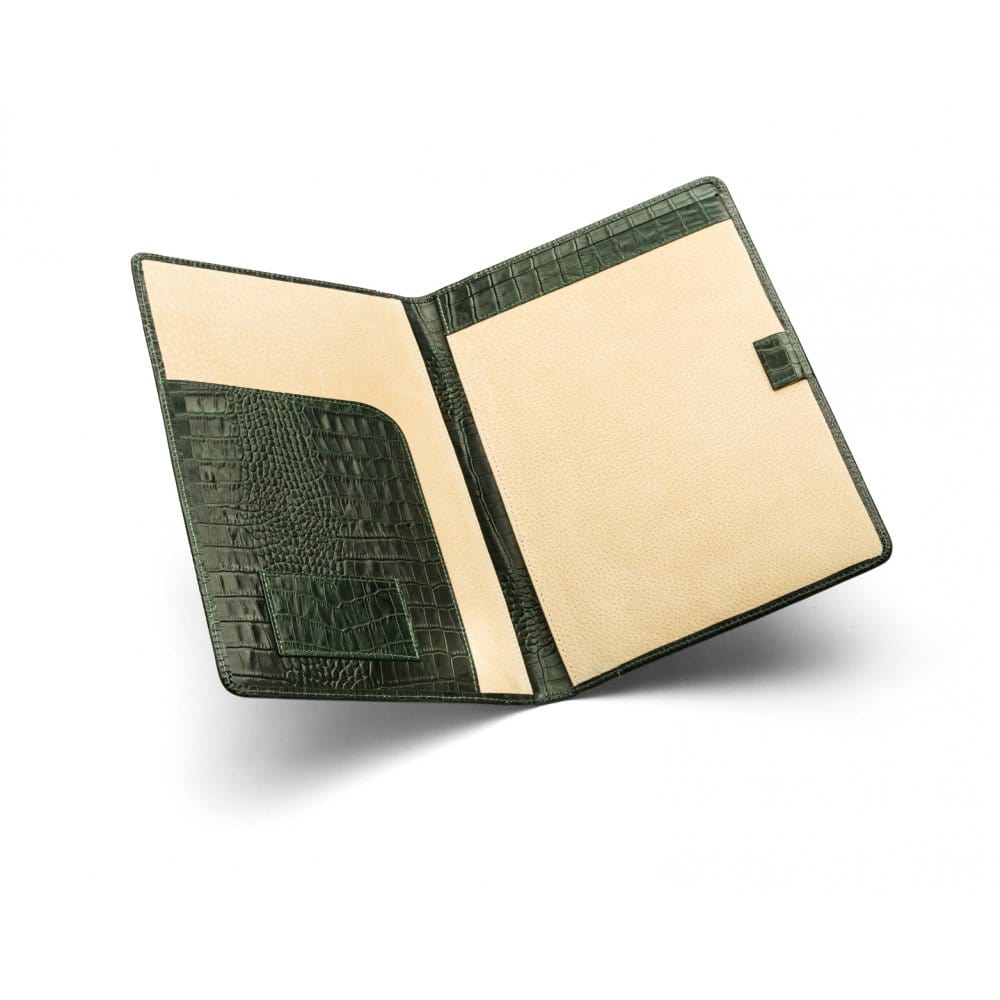 A4 leather document folder, green croc, open view