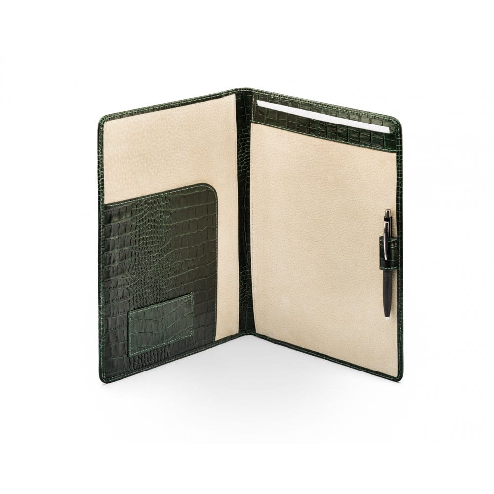 A4 leather document folder, green croc, open