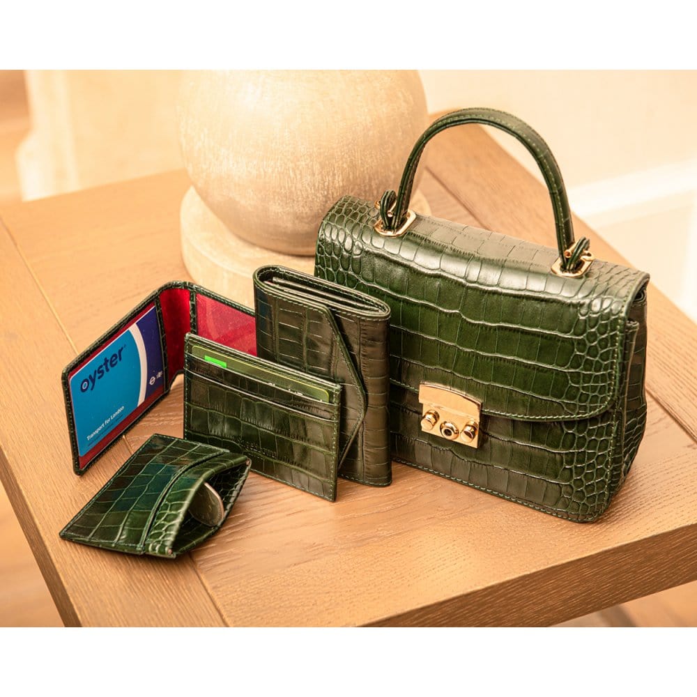 Small leather top handle bag, green croc, lifestyle