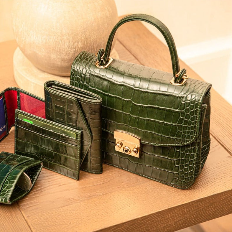 Small leather top handle bag, green croc, lifestyle