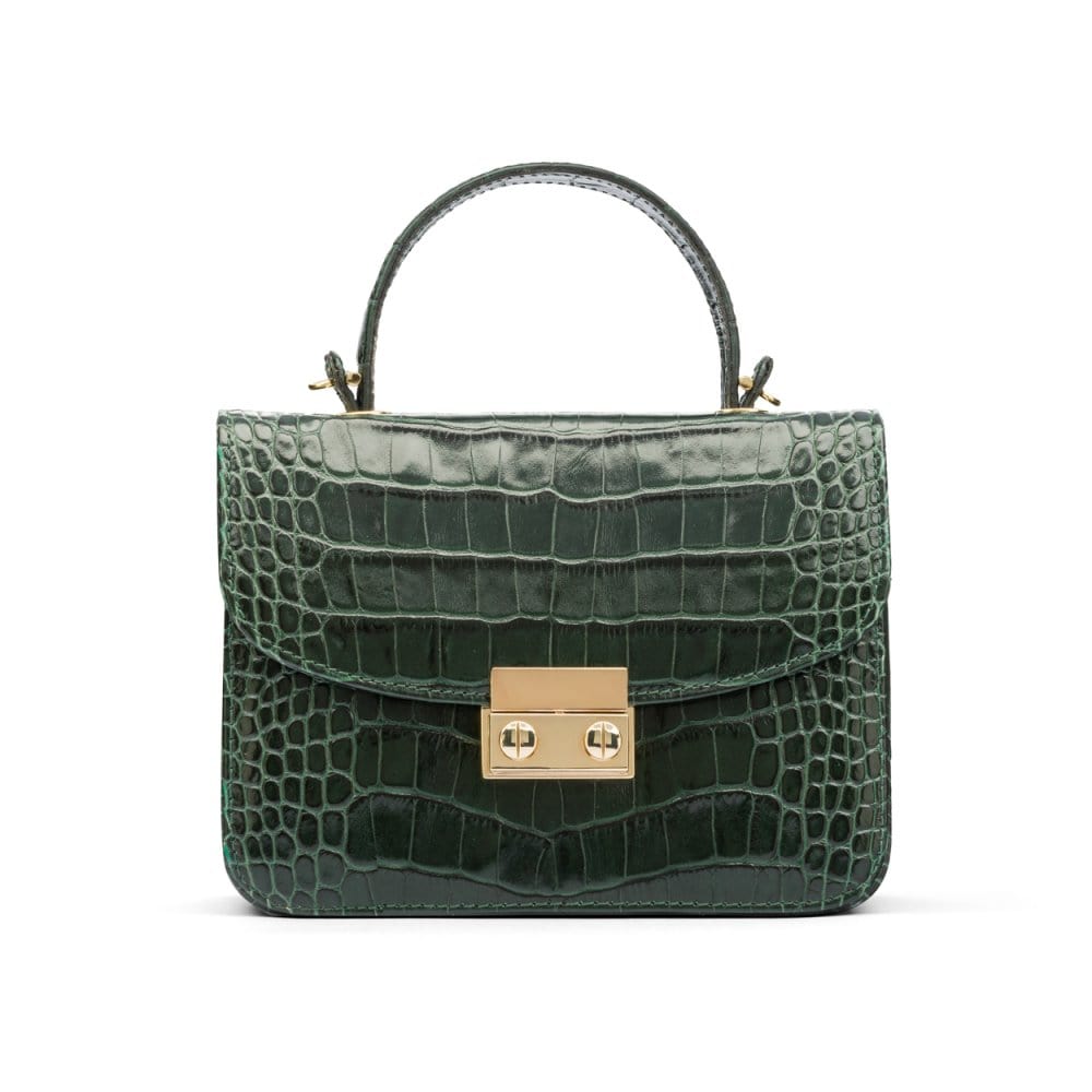 Small leather top handle bag, green croc, front