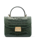 Small leather top handle bag, green croc, front