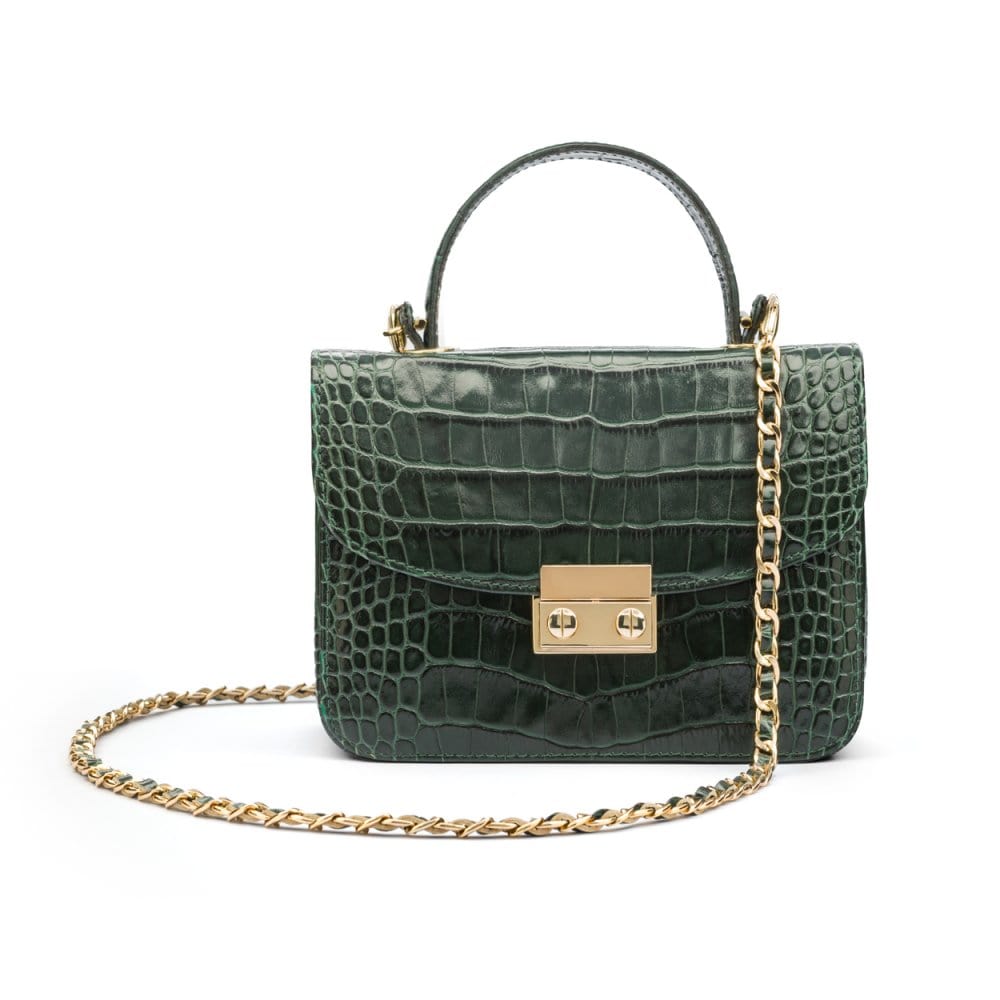 Small leather top handle bag, green croc, with chain strap