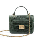 Small leather top handle bag, green croc, with chain strap