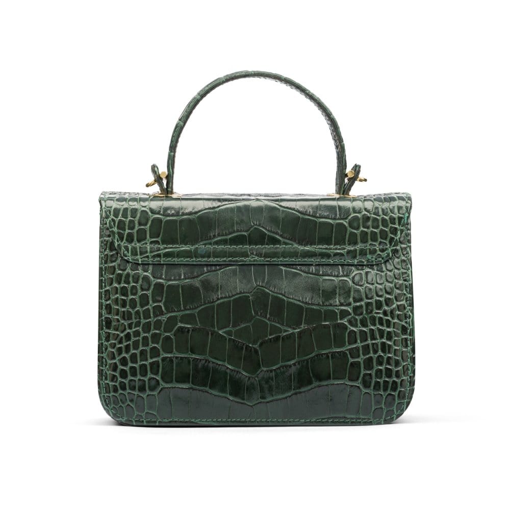 Small leather top handle bag, green croc, back