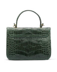 Small leather top handle bag, green croc, back