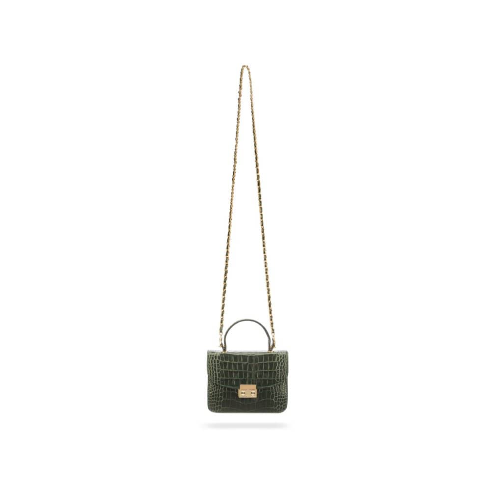 Small leather top handle bag, green croc