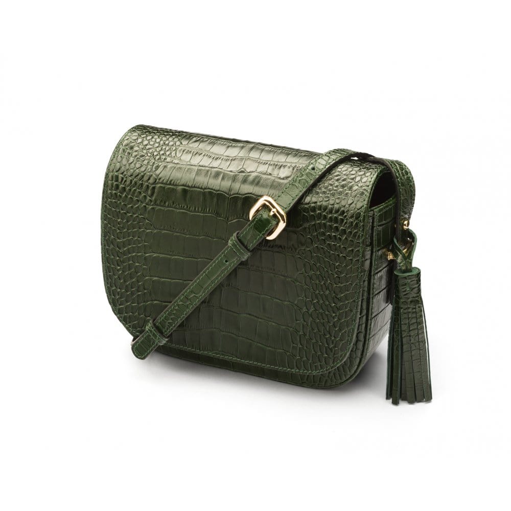 Leather saddle bag, green croc, side