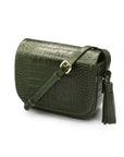 Leather saddle bag, green croc, side