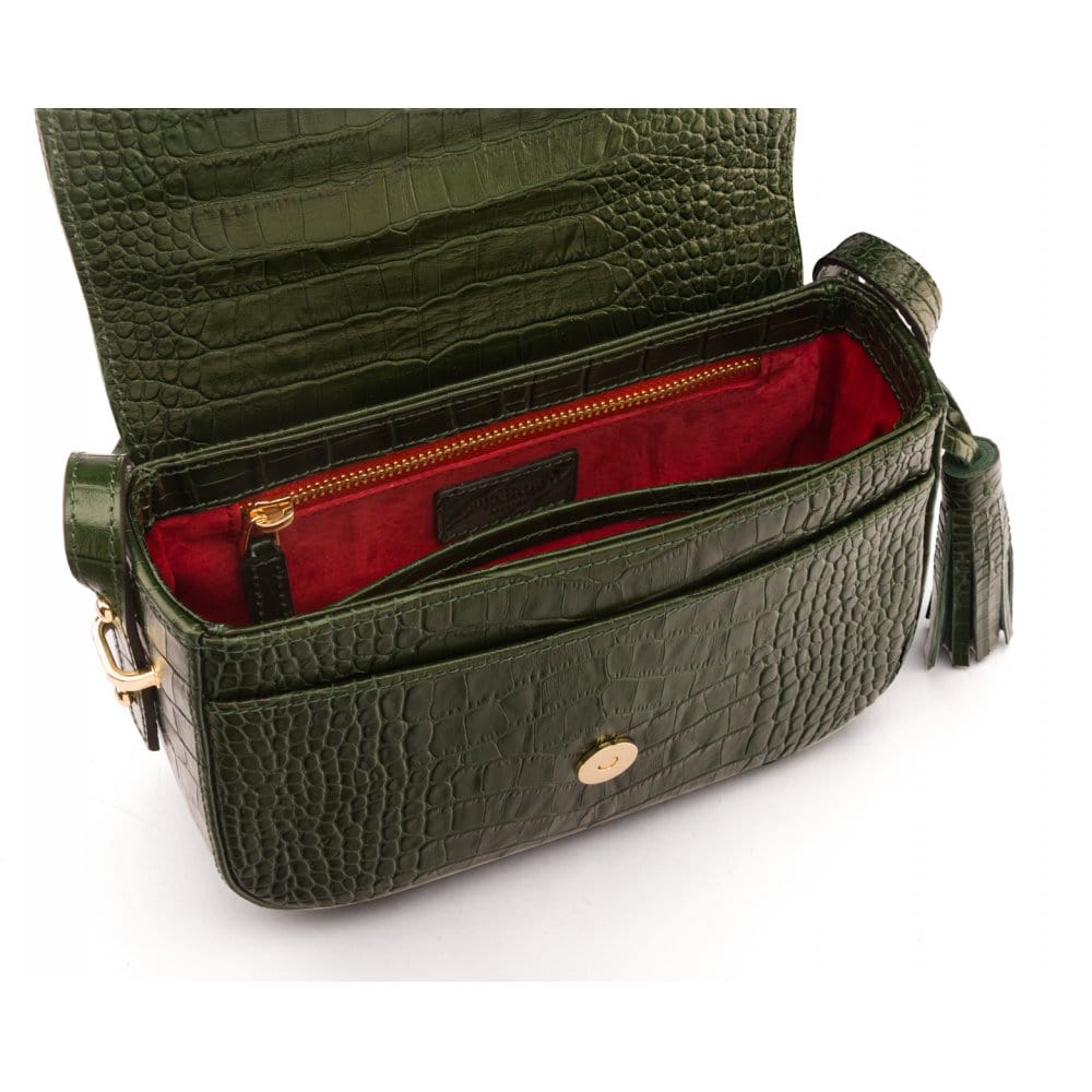 Leather saddle bag, green croc, inside