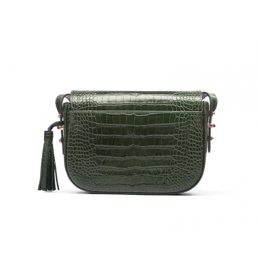 Leather saddle bag, green croc, back