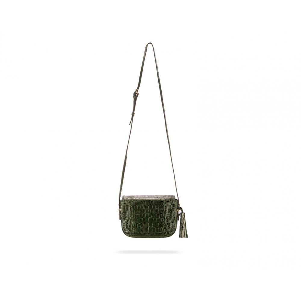 Leather saddle bag, green croc, with long shoulder strap