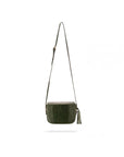 Leather saddle bag, green croc, with long shoulder strap