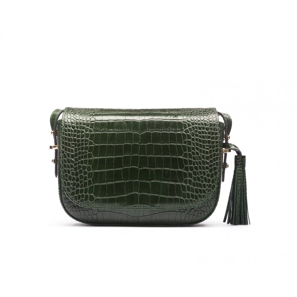 Leather saddle bag, green croc, front