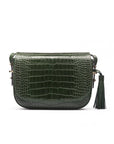 Leather saddle bag, green croc, front