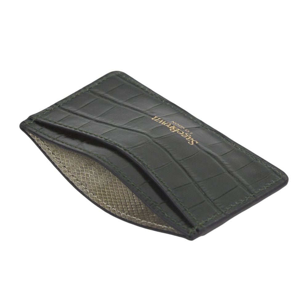 Green Croc Leather Flat Credit Card Case With RFID Blocking Lining