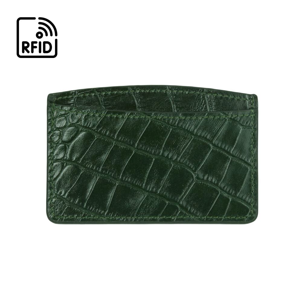 RFID Flat Leather Card Holder, green croc, front view