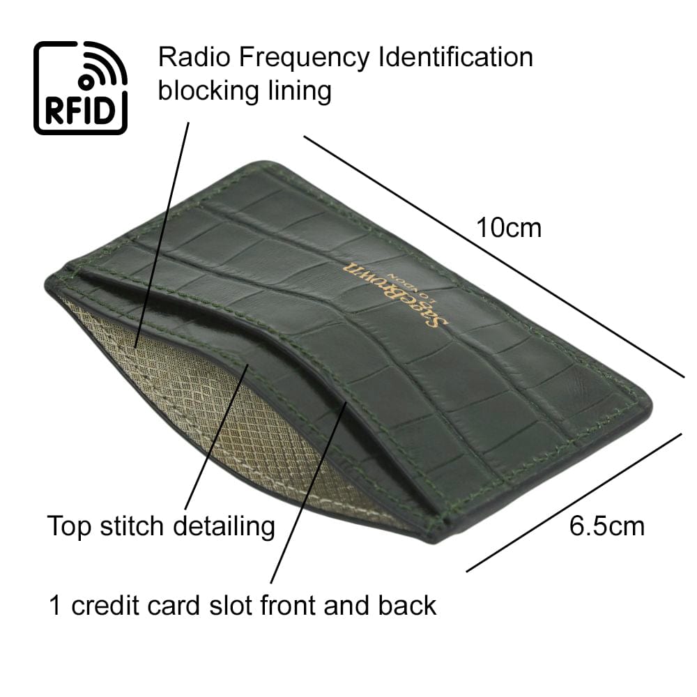 RFID Flat Leather Card Holder, green croc, features