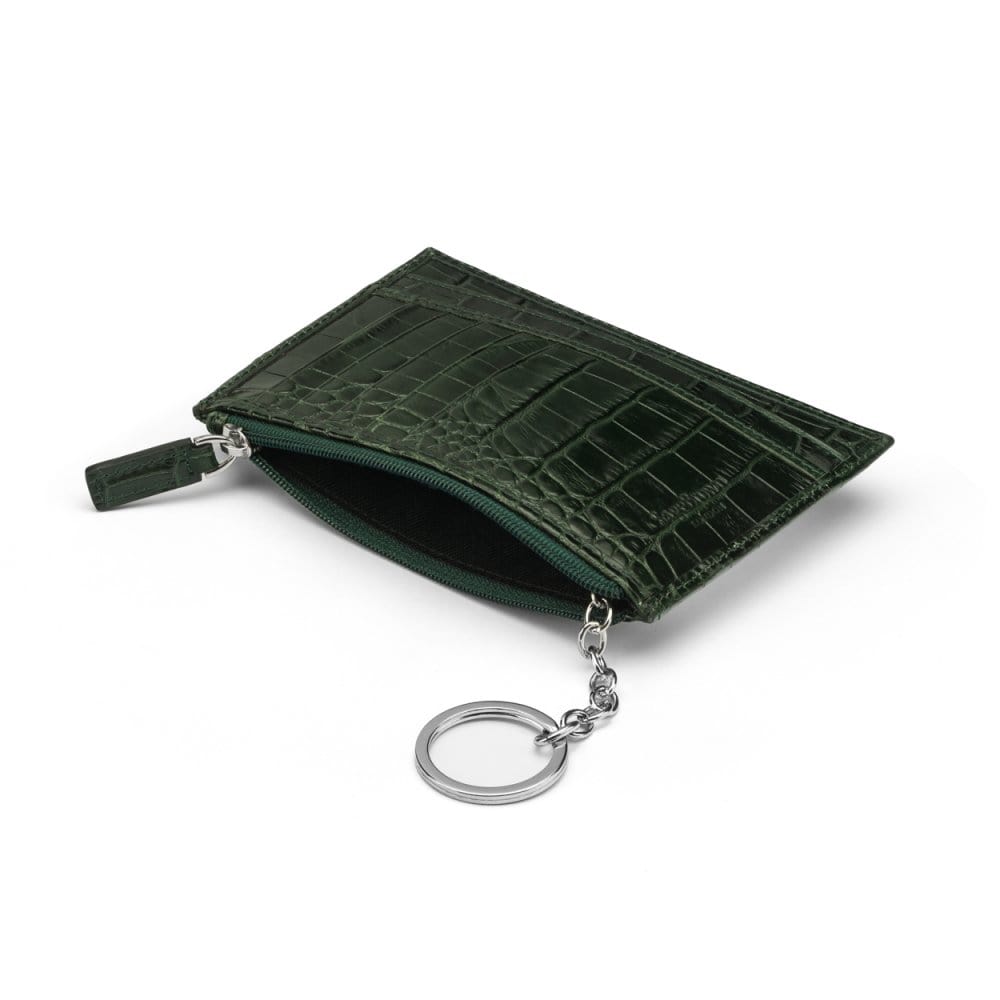 Flat leather card wallet with jotter and zip, green croc, open pocket, dark tan